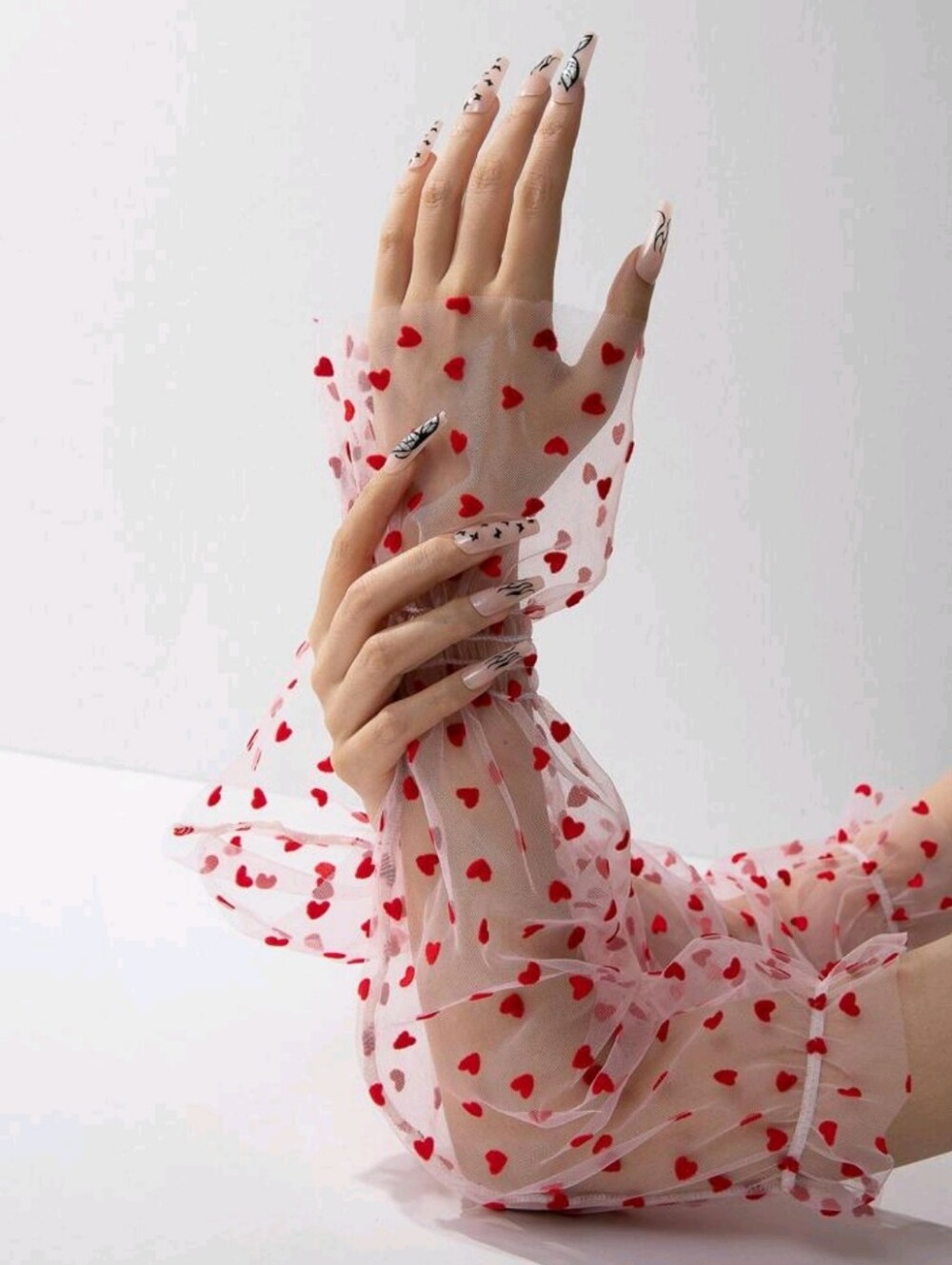 Sheer Heart-Print Mesh Gloves in Red - Women's Accessories